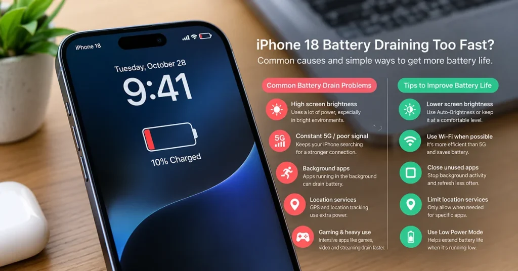 iPhone 18 showing a low battery indicator while troubleshooting battery drain