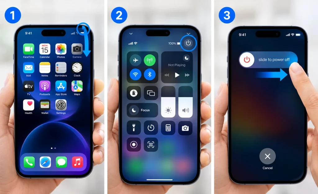 Control Center Power icon highlighted on iPhone 18