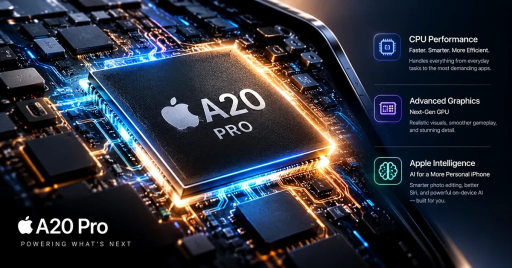 A technology illustration representing the A20 Pro chip powering the iPhone 18 Pro Max