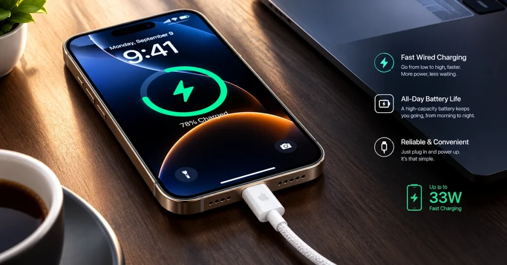 iPhone 18 Pro Max connected to a USB-C cable for wired charging