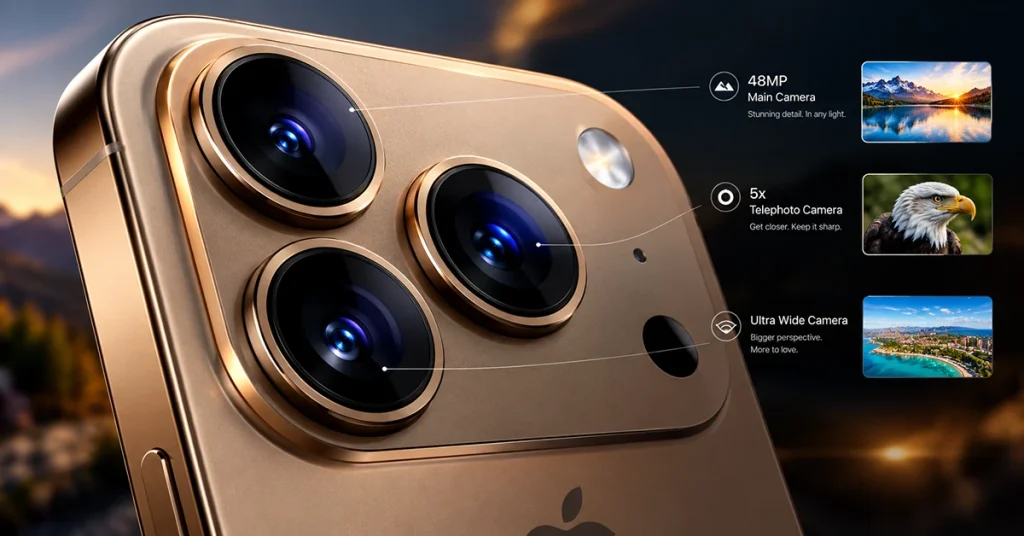 iPhone 18 Pro Max triple 48MP rear camera system with main, ultra-wide, and telephoto lenses