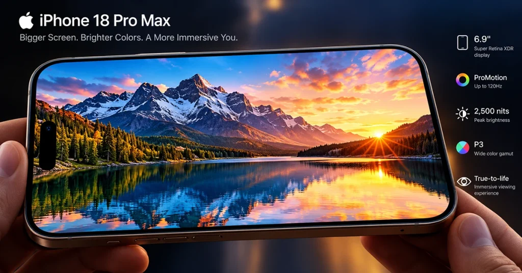 iPhone 18 Pro Max 6.9-inch Super Retina XDR OLED display with vibrant colors and thin bezels.
