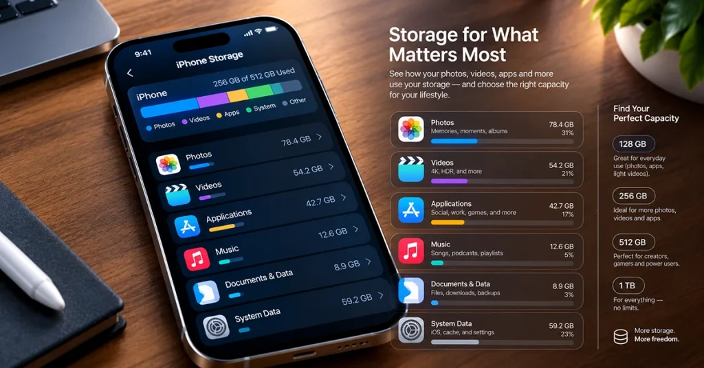iPhone 18 Pro Max storage settings illustrating space used by apps, photos, videos, and other files.