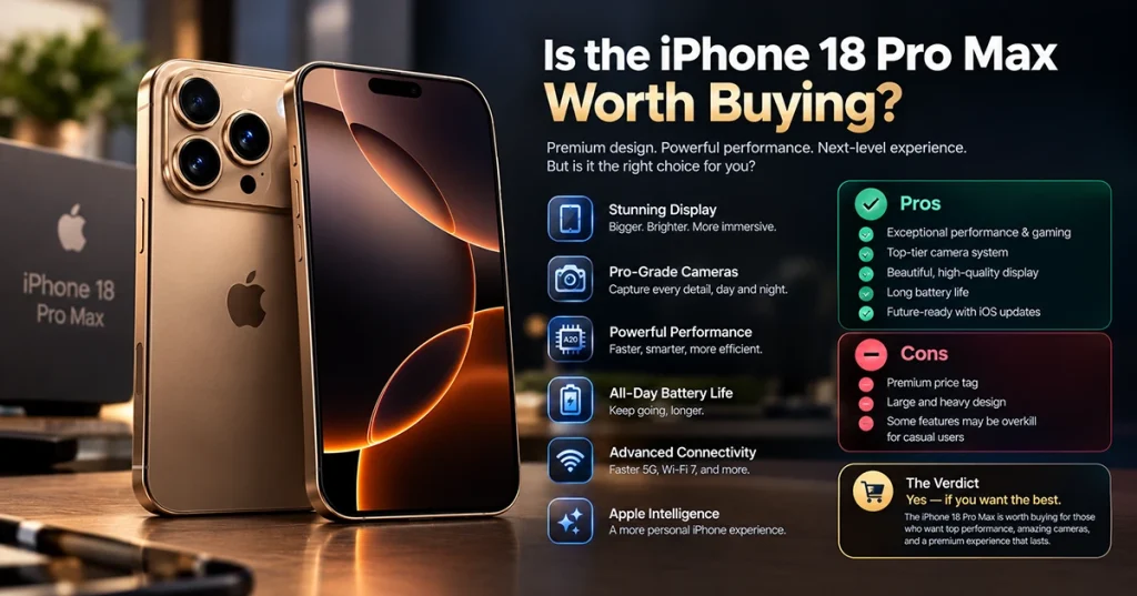 iPhone 18 Pro Max review featuring a gold smartphone, triple-camera system, display, performance, battery life, pros and cons, and buying verdict.