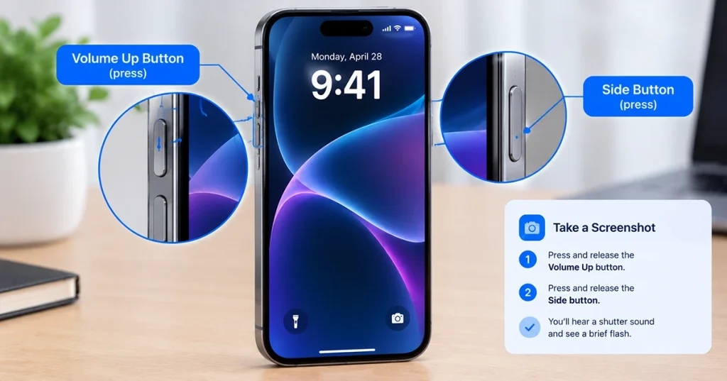 Side and Volume Up button locations for taking a screenshot on iPhone 18