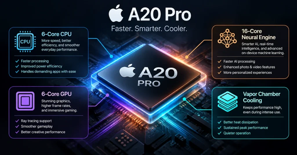 Illustration of Apple A20 Pro chip showing CPU, GPU, Neural Engine, and vapor chamber performance features