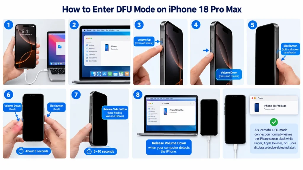 iPhone 18 Pro Max side, volume up, and volume down buttons used to enter DFU mode