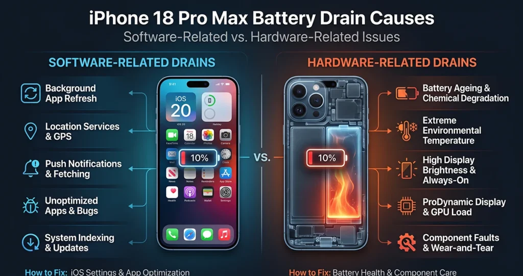 Diagram comparing software causes and hardware causes of iPhone 18 Pro Max battery drain