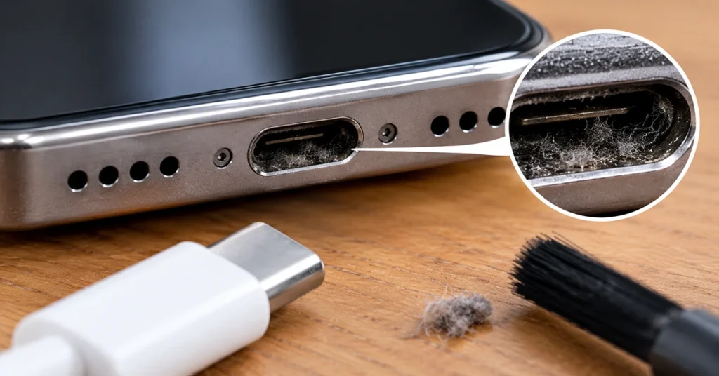 Close-up of iPhone 18 Pro Max USB-C charging port with visible lint buildup