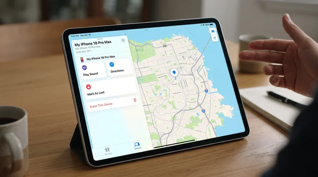 Find My app showing an iPhone 18 Pro Max location on a map