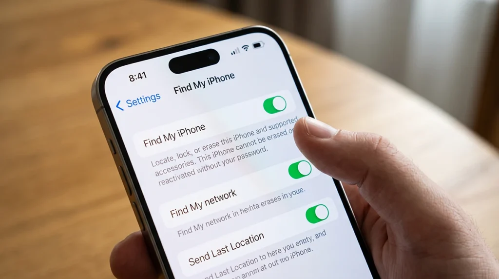 iPhone Settings screen showing Find My iPhone turned on
