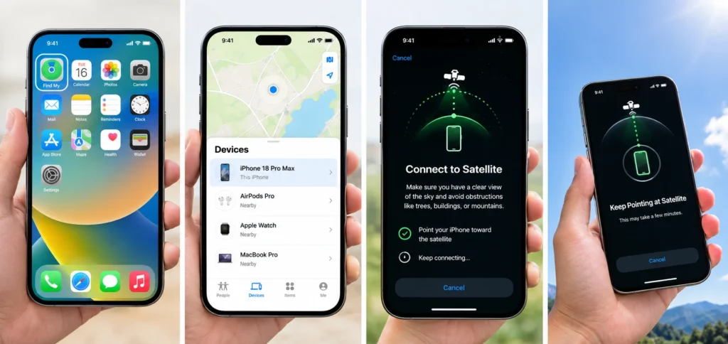 iPhone 18 Pro Max using Find My via satellite outdoors