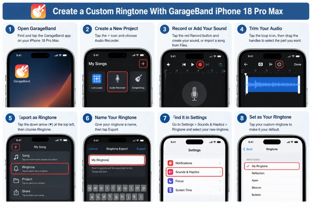GarageBand Files browser on iPhone 18 showing an imported song ready to use as a custom ringtone