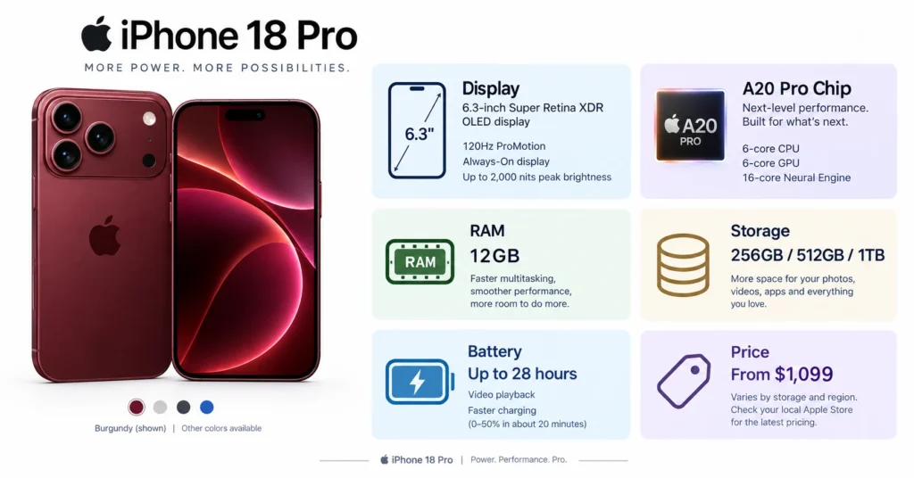 Infographic listing iPhone 18 Pro specs including A20 Pro chip, 12GB RAM, 48MP cameras, and starting price
