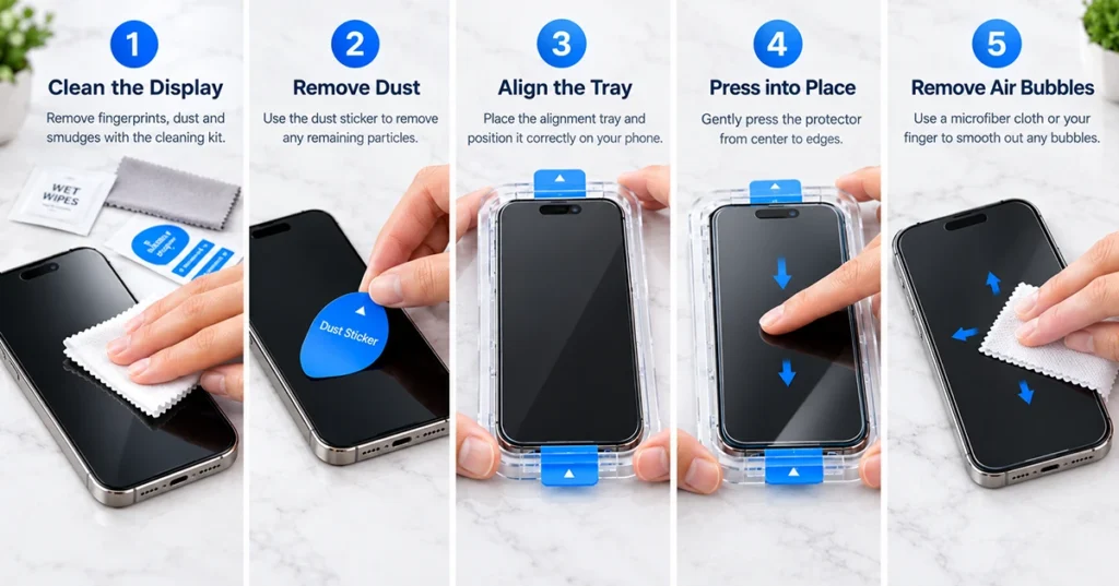 cleaning the display, removing dust, aligning the tray, and pressing the protector into place