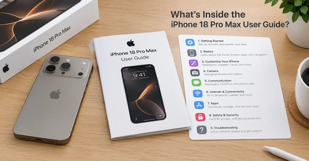 iPhone 18 Pro Max user guide showing setup, camera, connectivity, security, and troubleshooting topics.