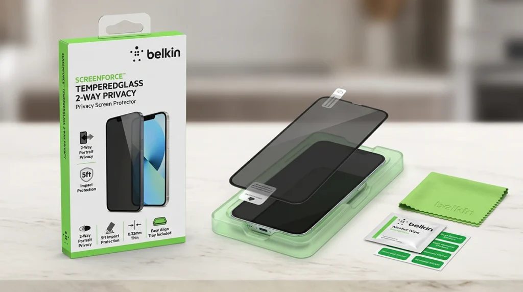 Belkin ScreenForce TemperedGlass 2-Way Privacy screen protector kit on a light-colored studio table. Features the white and green retail packaging, a dark-tinted 2-way privacy tempered glass protector, an iPhone being fitted with the translucent green Easy Align tray, and installation accessories like a green microfiber cloth, an alcohol wipe, and dust removal stickers.