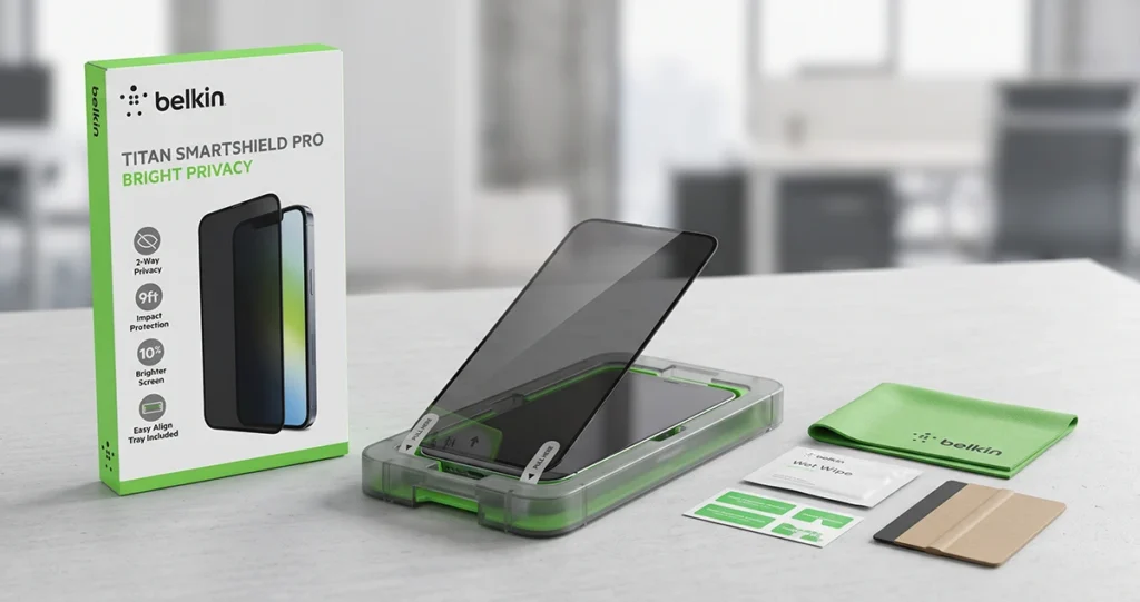 The complete Belkin Titan SmartShield Pro Bright Privacy screen protector kit on a light grey tabletop. Features the white and lime-green retail box, a dark-tinted 2-way privacy tempered glass protector being aligned over a smartphone inside a translucent green Easy Align tray, a green Belkin microfiber cloth, a wet wipe, dust removal stickers, and a cardboard squeegee card.