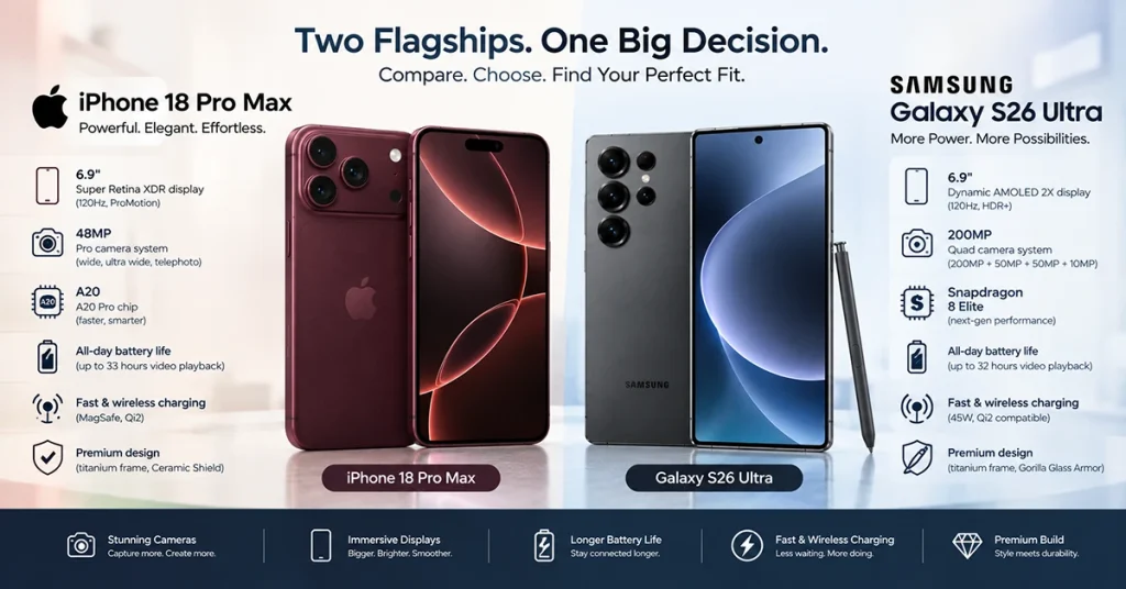 iPhone 18 Pro Max and Samsung Galaxy S26 Ultra compared for a flagship phone buying decision