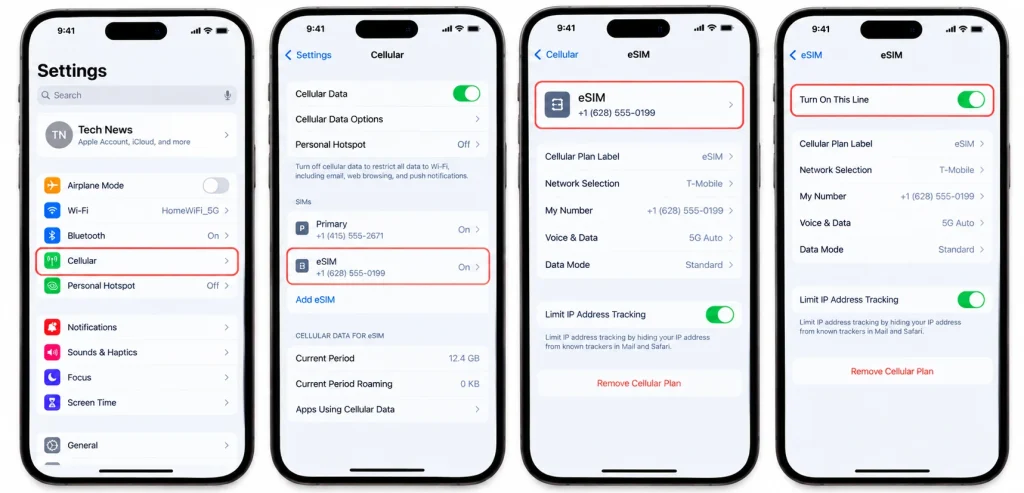 iPhone 18 Pro Max Cellular settings showing an installed eSIM and its line activation toggle