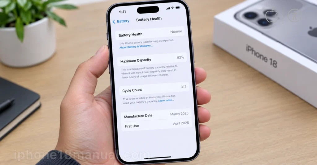 iPhone 18 Battery Health screen in iOS 27 showing Maximum Capacity percentage, Cycle Count, and Manufacture Date