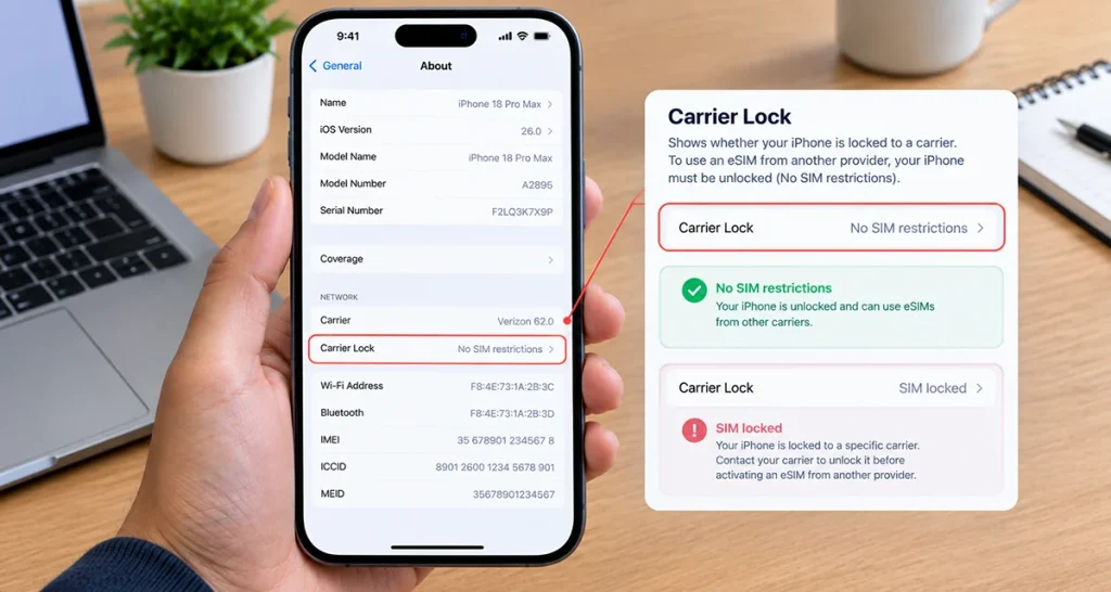 Phone About settings showing the carrier lock status for eSIM compatibility
