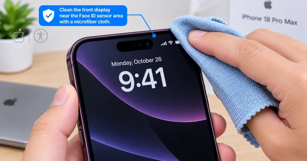 Cleaning the iPhone front display near the Face ID sensor area