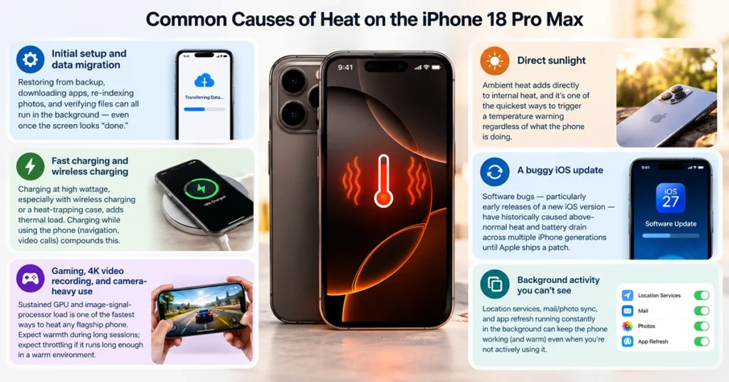 Infographic showing six common causes of iPhone 18 Pro Max overheating, including initial setup, fast charging, gaming, direct sunlight, iOS updates, and background activity