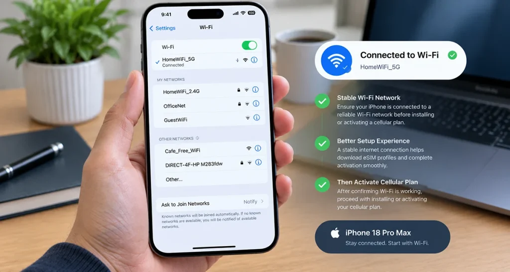 iPhone 18 Pro Max Wi-Fi settings showing a connected wireless network before eSIM activation