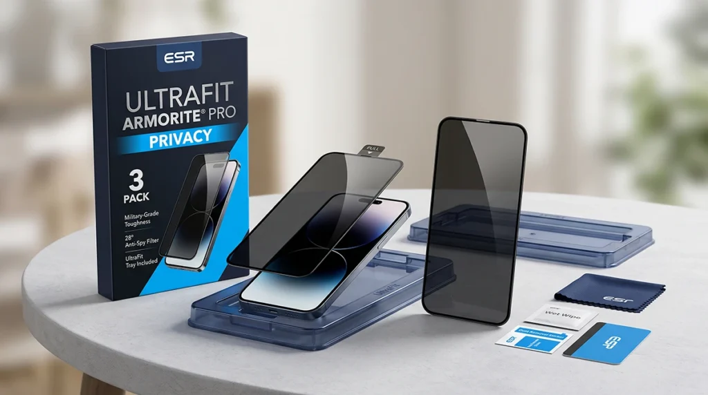ESR UltraFit Armorite Pro Privacy (3-Pack) screen protector kit on a light gray table. Features the dark navy and blue retail box, translucent blue UltraFit auto-alignment trays with a smartphone inside, dark-tinted 28-degree privacy tempered glass, a blue ESR microfiber cloth, a wet wipe, dust removal stickers, and a blue squeegee card