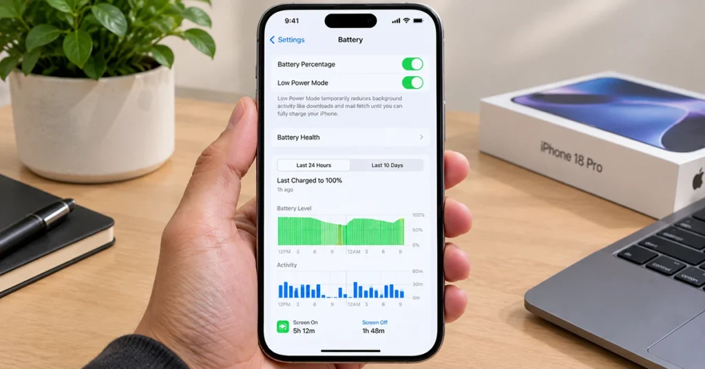 iPhone 18 showing battery settings and power-saving options to extend battery life