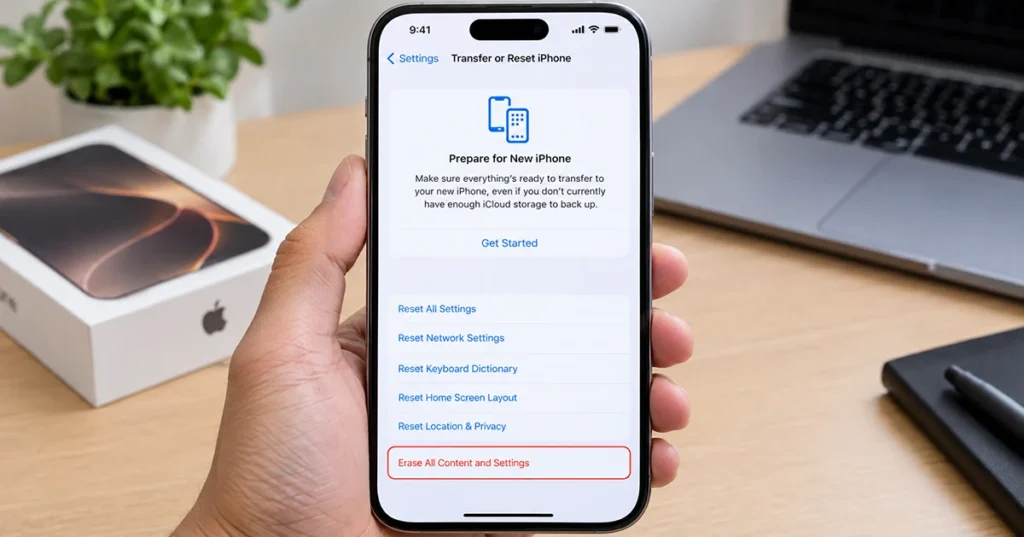 iPhone 18 Pro Max displaying the Erase All Content and Settings option in the Settings app