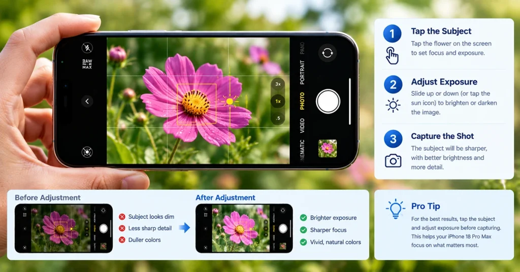 Adjusting focus and exposure on an iPhone camera before taking a photo