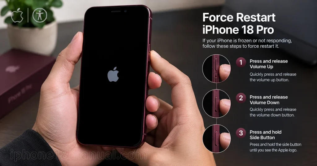 Pressing the Volume Up, Volume Down, and Side buttons to force restart an iPhone 18 Pro