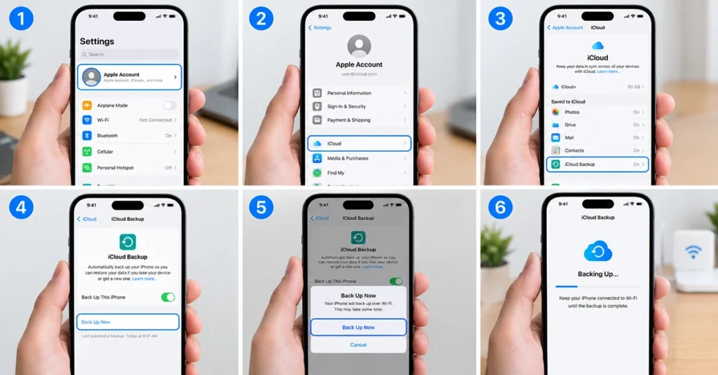 iPhone 18 iCloud Backup screen showing Back Up Now and the last backup date