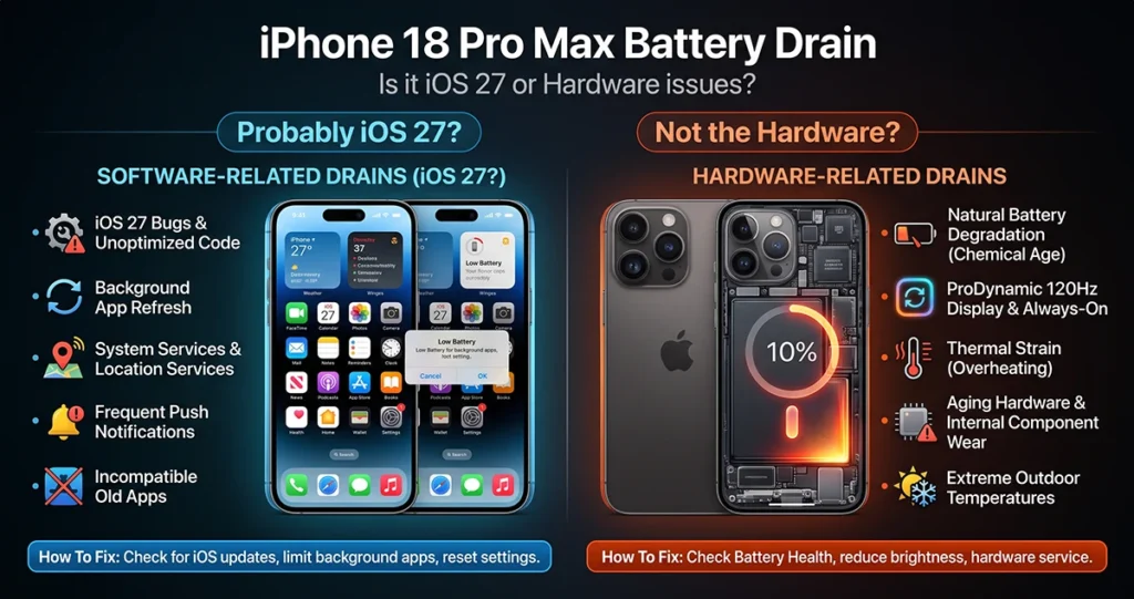An infographic comparing iPhone 18 Pro Max battery drain causes, highlighting software issues on the left with the heading "Probably iOS 27?" featuring iOS bugs, unoptimized code, and background app refresh, and downplaying hardware issues on the right with the heading "Not the Hardware?" featuring battery degradation and thermal strain, set against a dark tech-themed background.