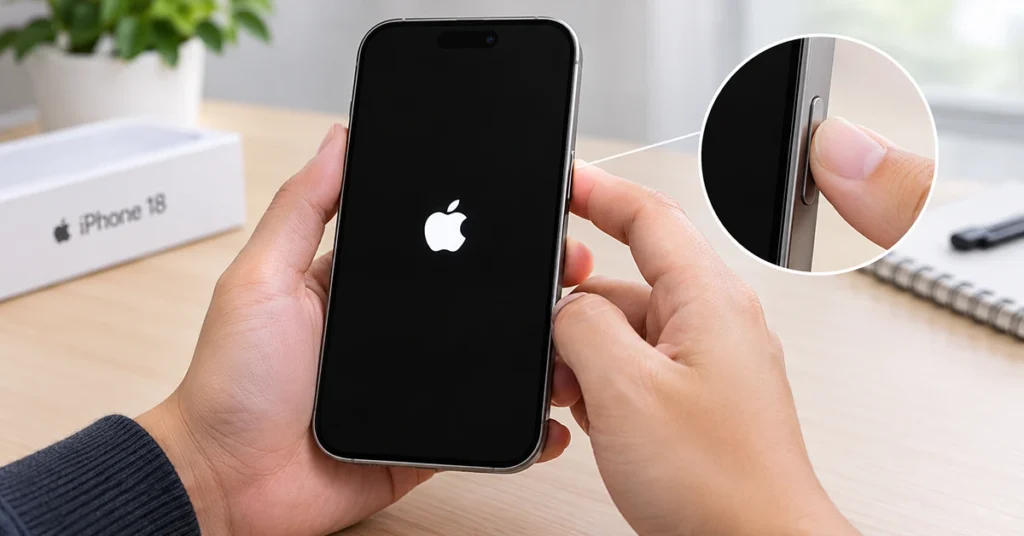 Person force restarting a frozen iPhone 18 by holding the side button until the Apple logo appears