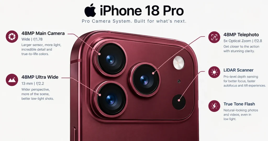 Close-up of iPhone 18 Pro triple-camera system with 48MP main, telephoto, and ultrawide cameras