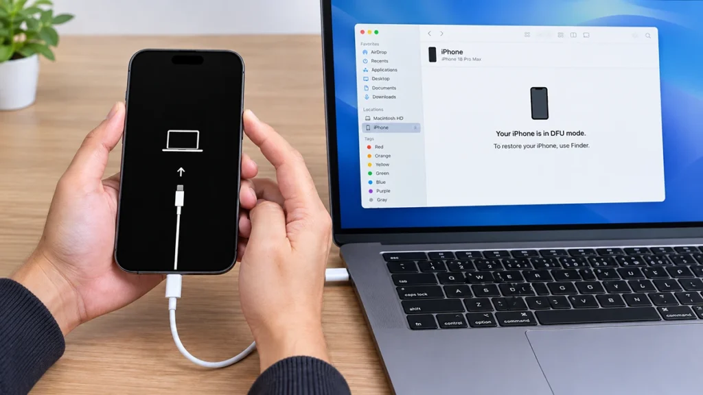 iPhone 18 Pro Max connected to a laptop while entering DFU mode