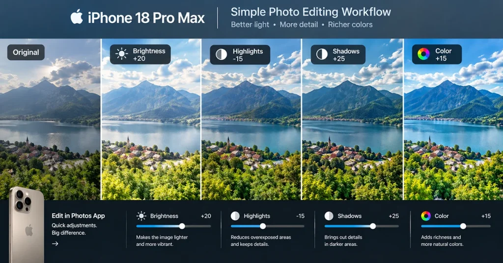 Editing a smartphone photo to adjust brightness color and shadows