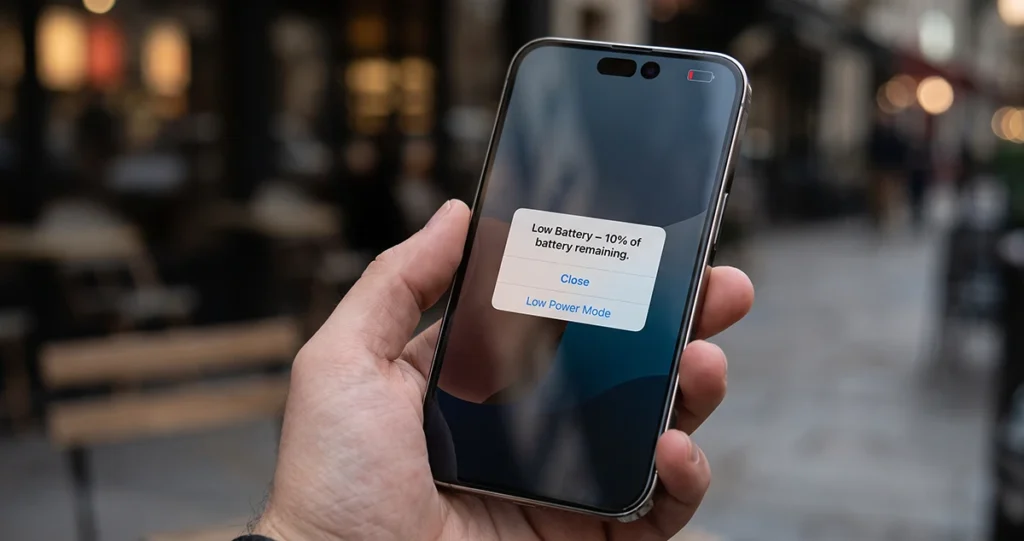 iPhone 18 Pro Max screen showing a low battery warning