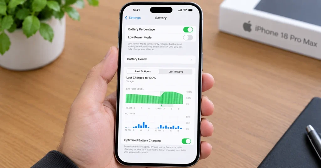 iPhone 18 Pro Max Settings screen showing Optimized Battery Charging toggle