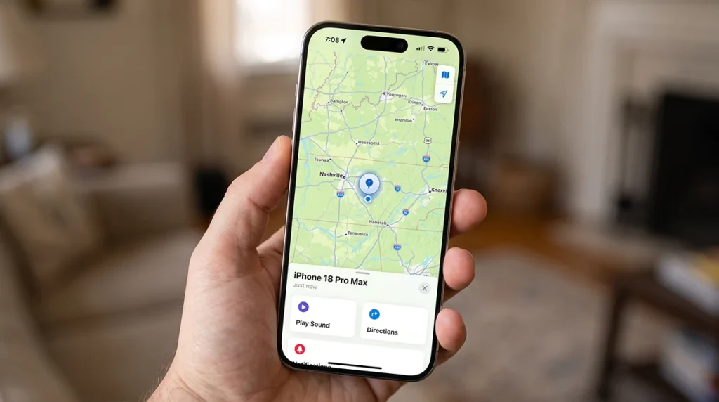 iPhone 18 Pro Max displaying the Find My app with a device location on a map