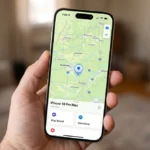 iPhone 18 Pro Max displaying the Find My app with a device location on a map