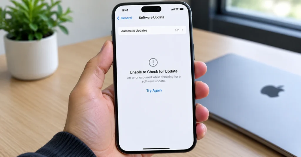 iPhone 18 Pro Max showing Unable to Check for Update error on the Software Update screen