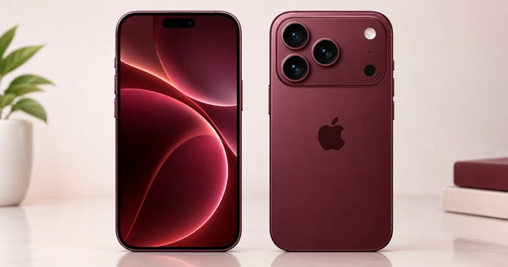 iPhone 18 Pro in Burgundy shown from the front and back with its 6.3-inch display and triple-camera system