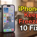 iPhone 18 with frozen screen and text overlay reading iPhone 18 keeps freezing 10 fixes