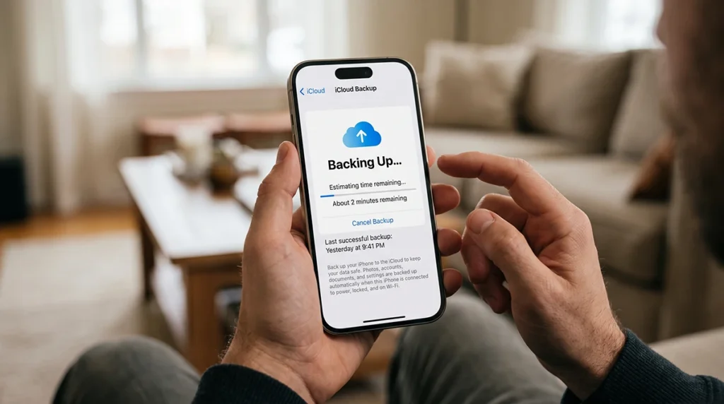iPhone 18 displaying the iCloud Backup screen with Back Up Now selected