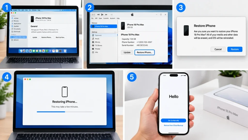 Apple Devices app on Windows showing Restore option for an iPhone 18 Pro Max
