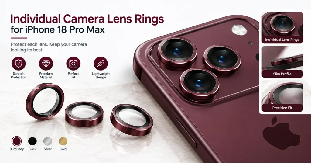 Individual burgundy metallic camera lens rings for iPhone 18 Pro Max shown beside the phone's triple-camera system.